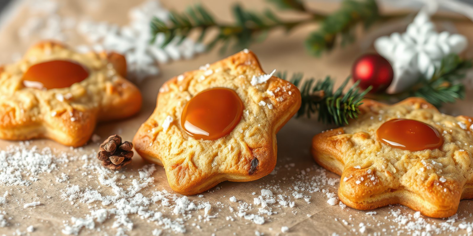 Delicious star-shaped cookies with caramel filling displayed on a festive table during the holiday season